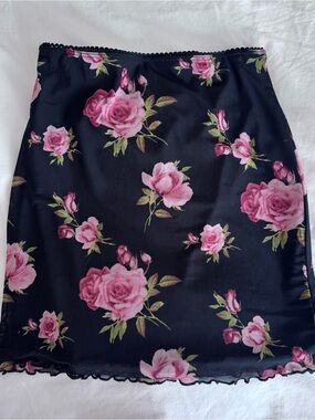 Black Floral Slip Mini Skirt with Pink Roses